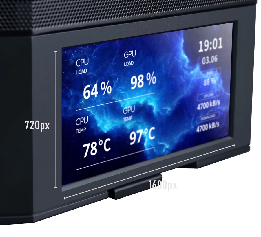 フロント下部にカスタマイズ可能なディスプレイを搭載。140mmファン×2+